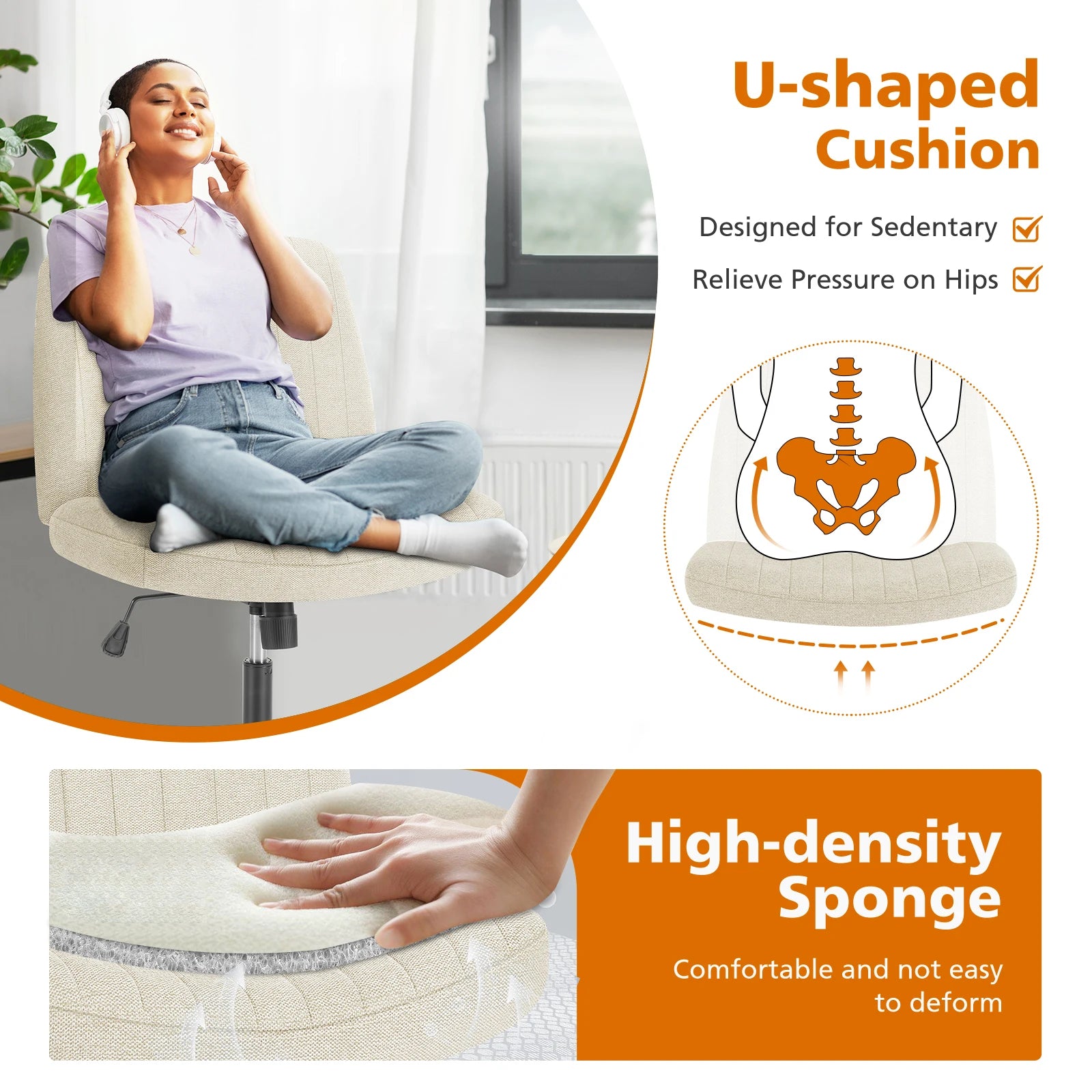Cross-Legged Swivel Office Chair – Wide Armless Adjustable Fabric Task Chair