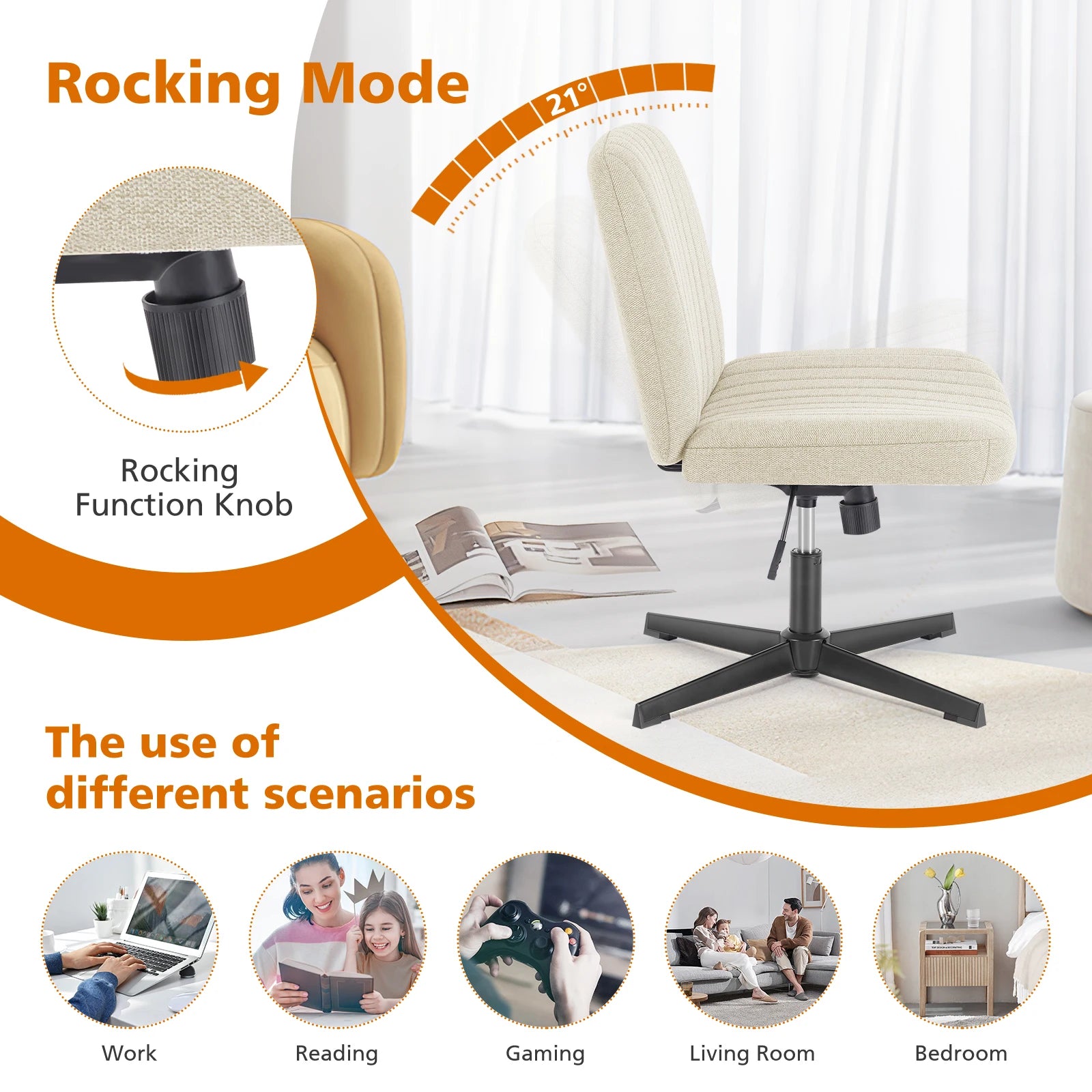 Cross-Legged Swivel Office Chair – Wide Armless Adjustable Fabric Task Chair