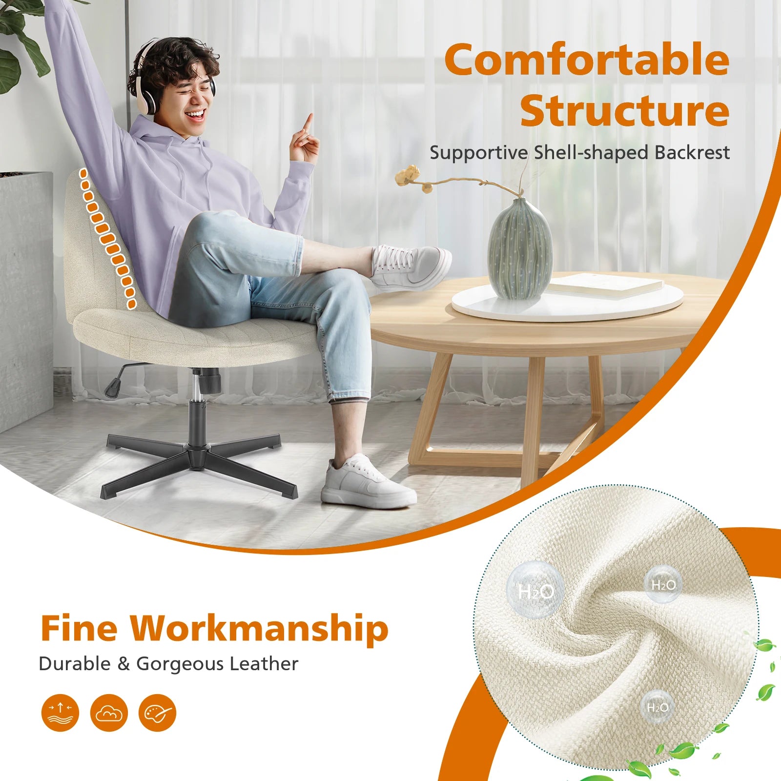 Cross-Legged Swivel Office Chair – Wide Armless Adjustable Fabric Task Chair