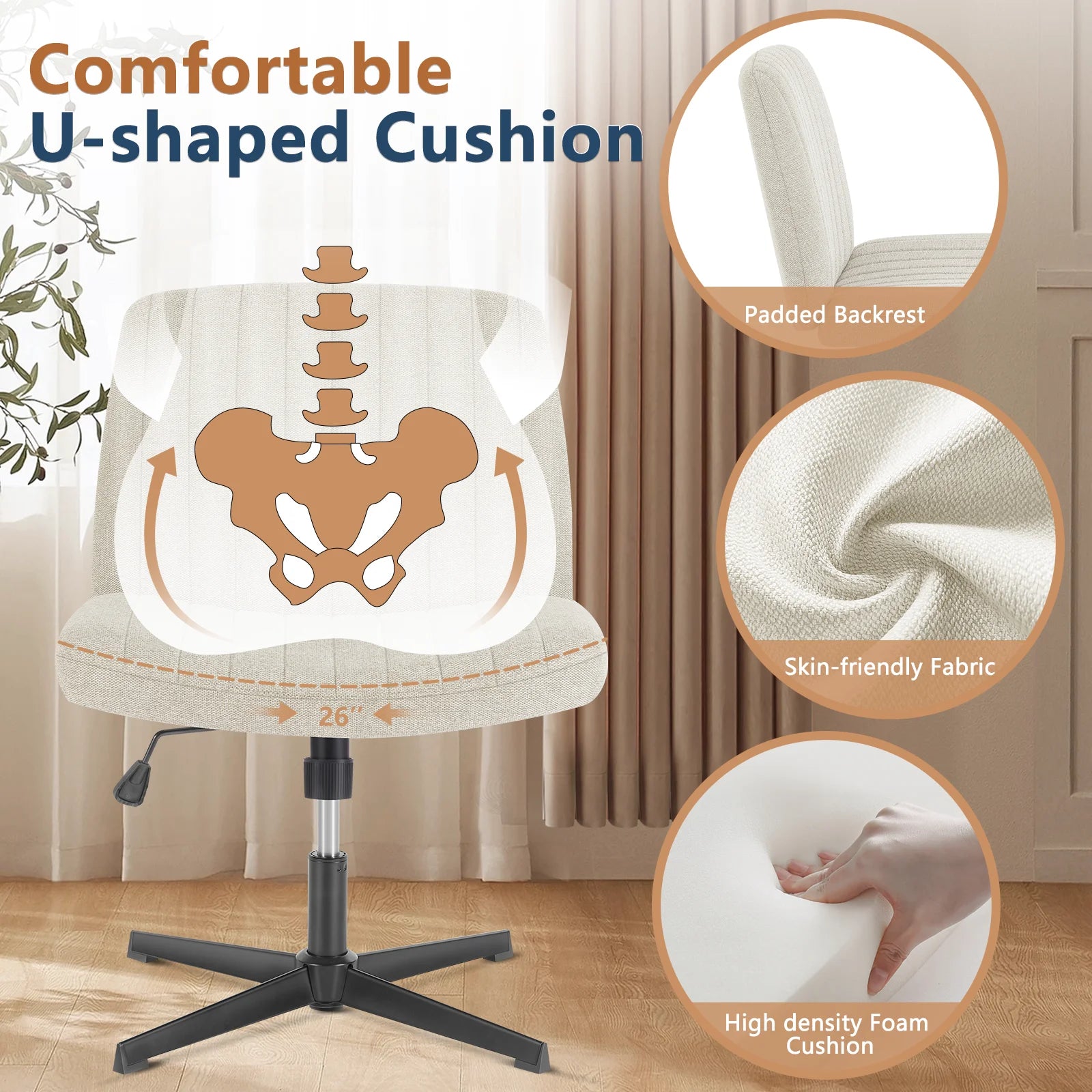 Cross-Legged Swivel Office Chair – Wide Armless Adjustable Fabric Task Chair