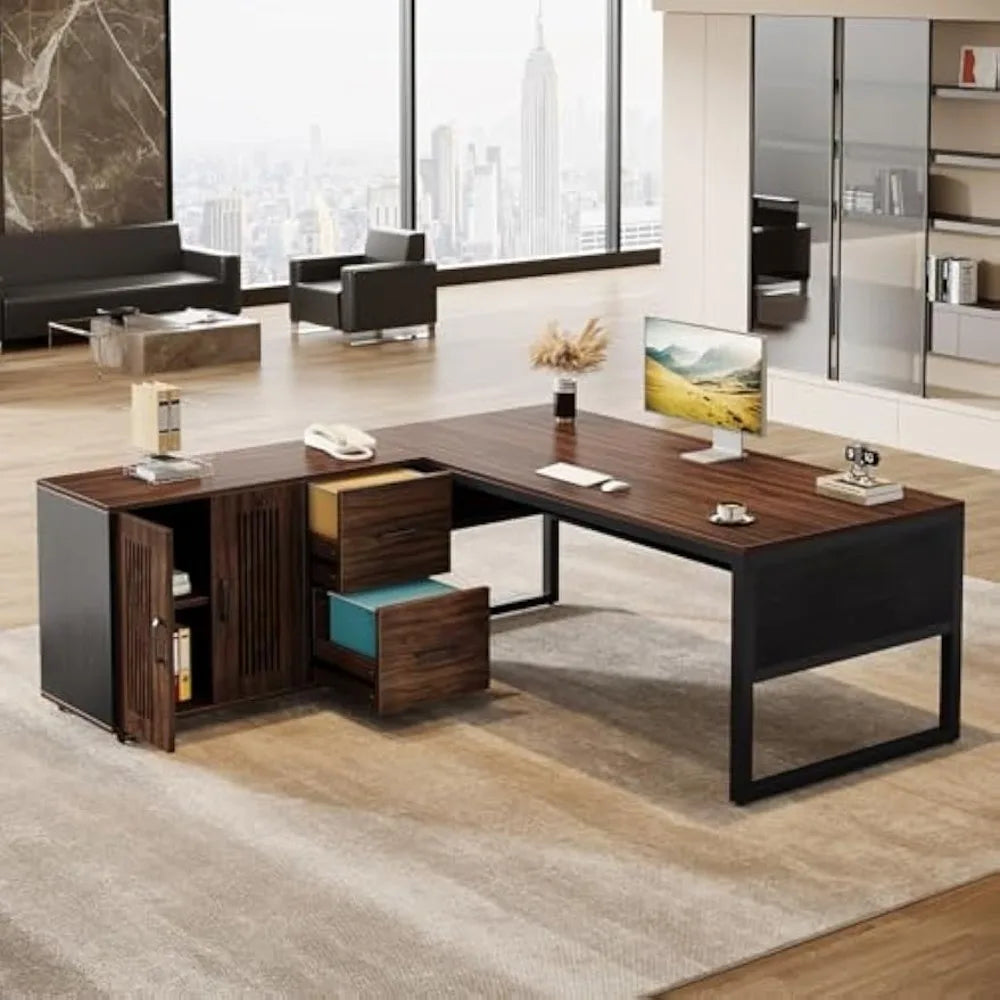 L-Shaped Executive Office Desk with Storage