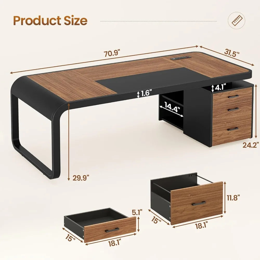 70.9" Executive Desk – Large Computer Desk with Drawers & Lateral File Cabinet