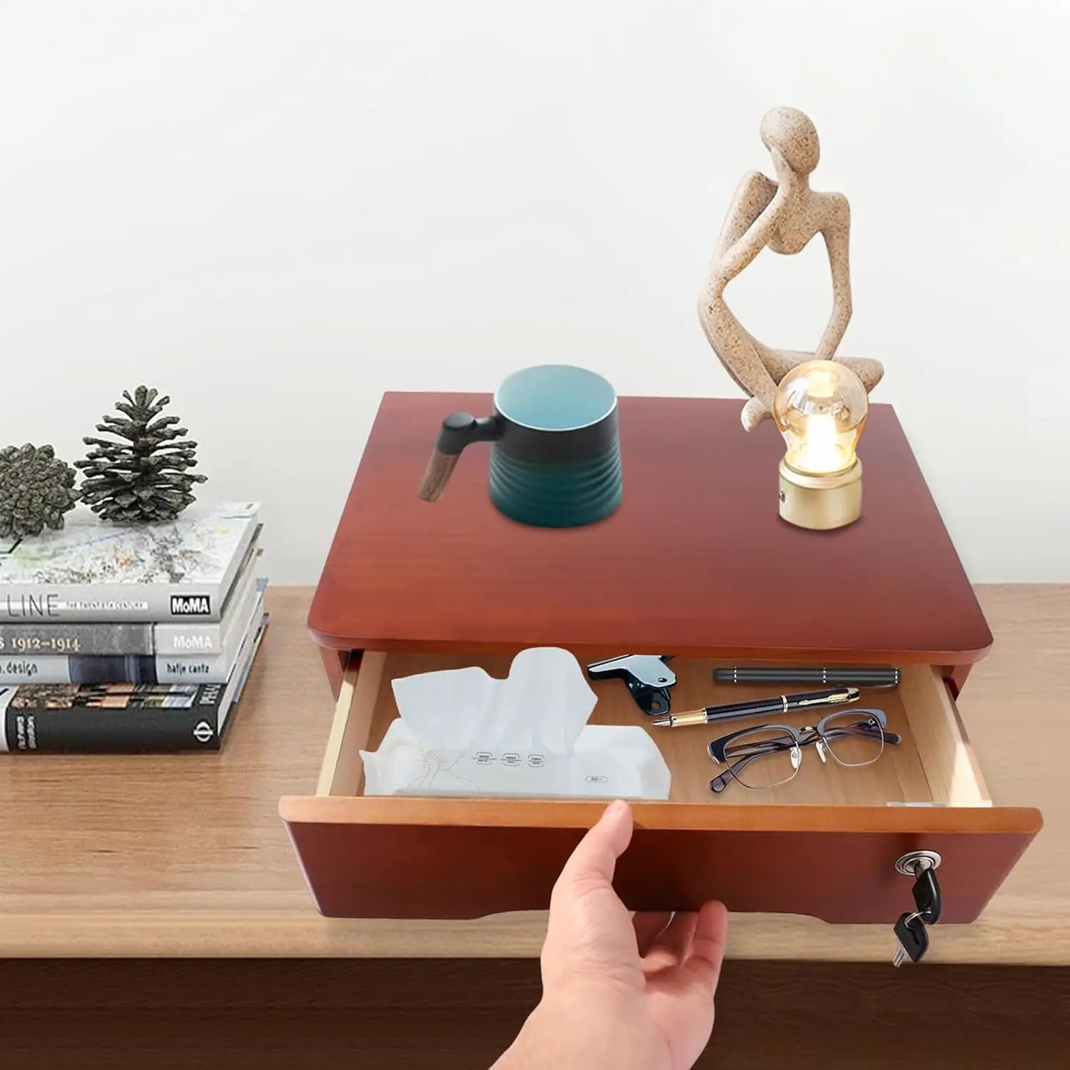 Wooden Desktop Storage Box with Lockable Drawers