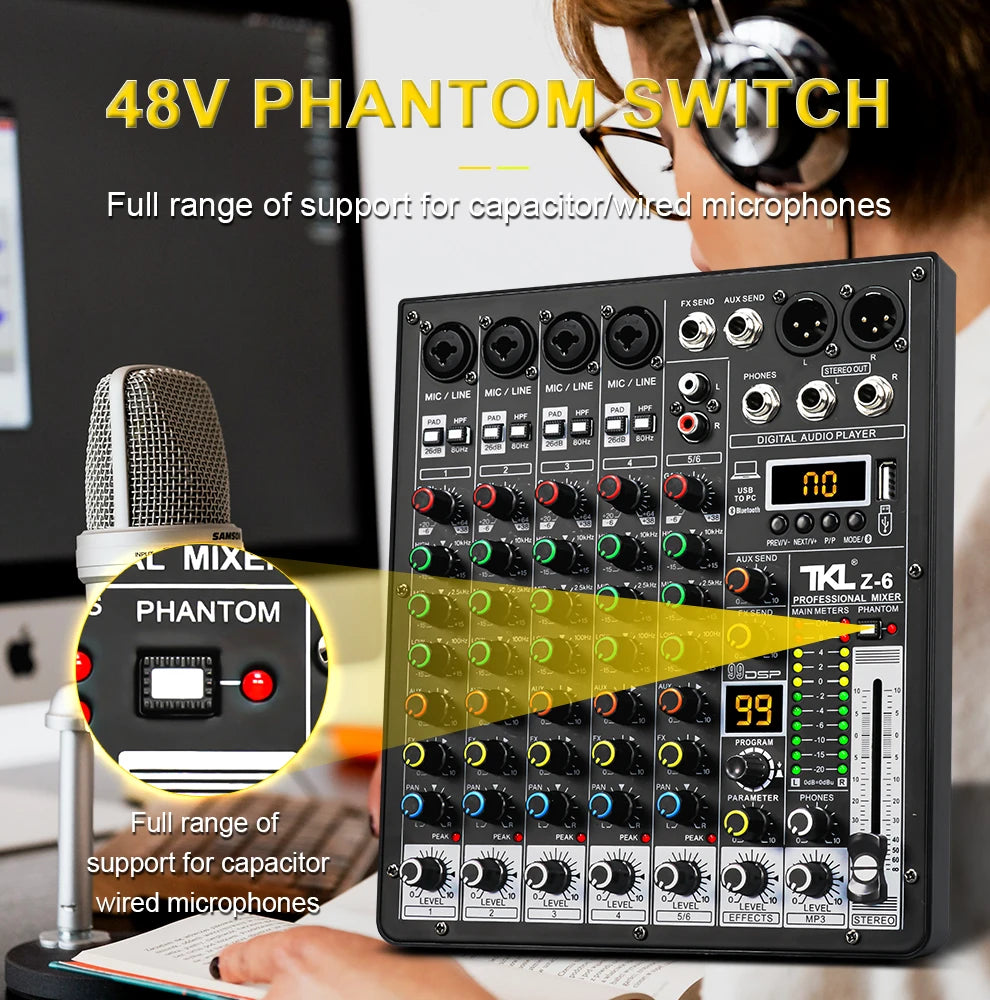 TKLBLS Professional 6-Channel Audio Mixer