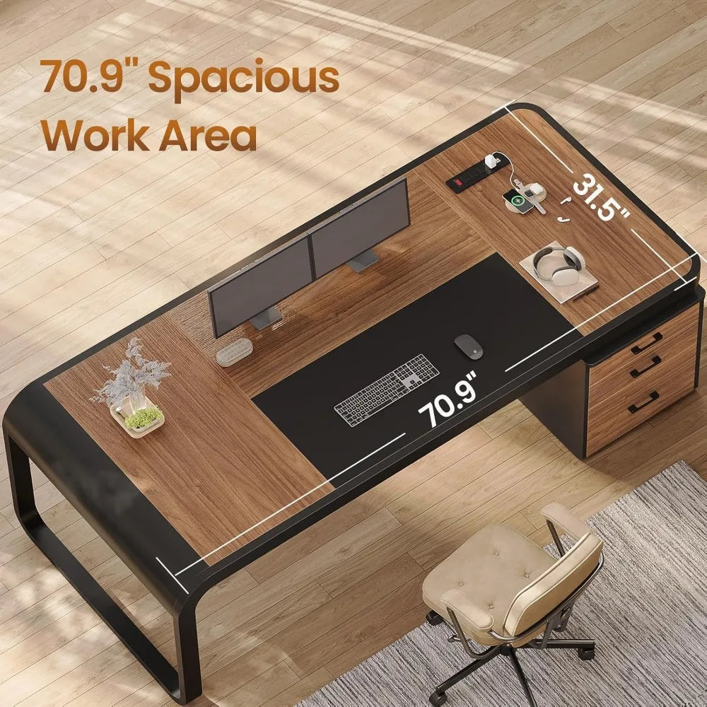 70.9" Executive Desk – Large Computer Desk with Drawers & Lateral File Cabinet