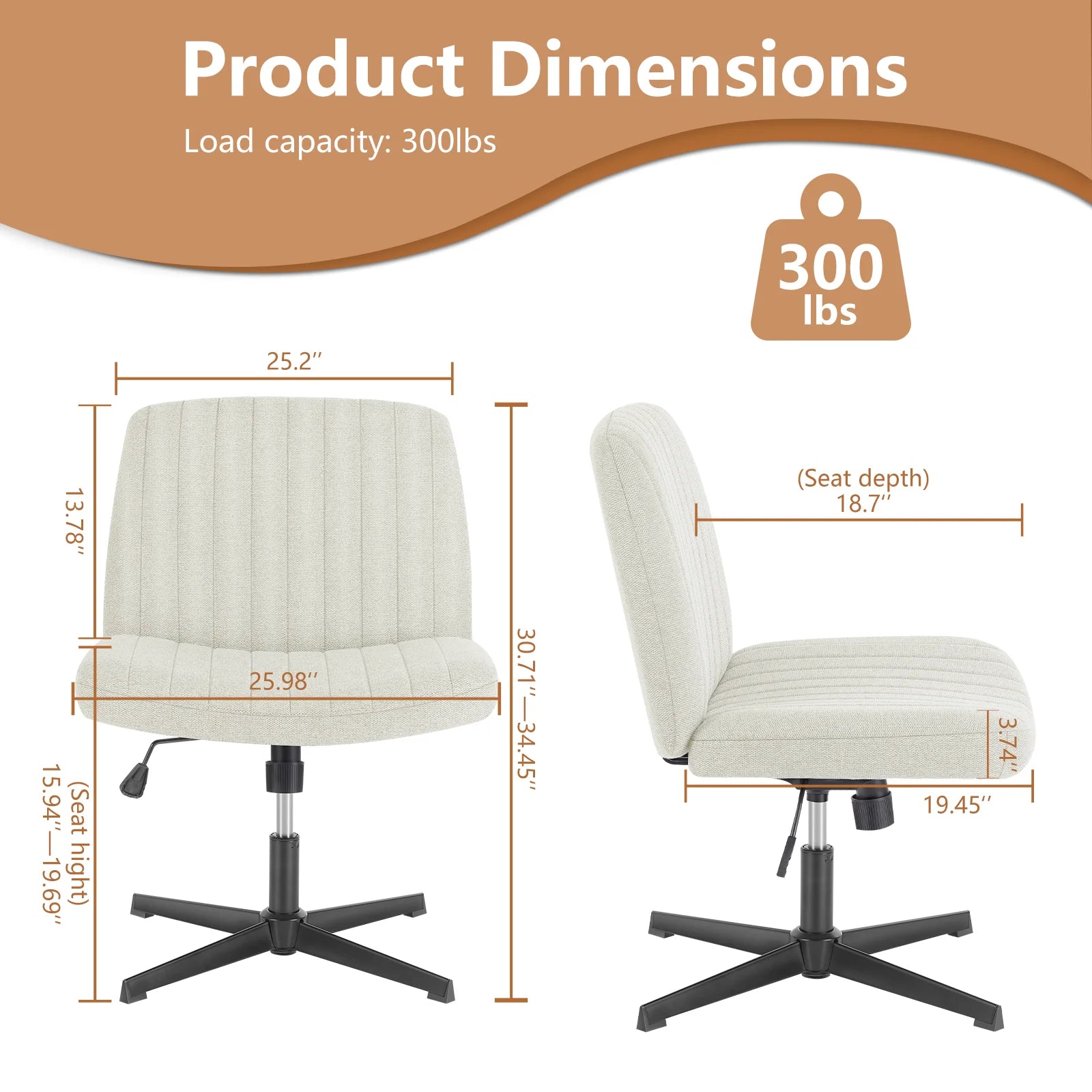 Cross-Legged Swivel Office Chair – Wide Armless Adjustable Fabric Task Chair
