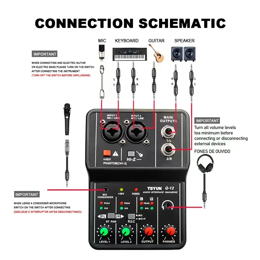 TEYUN Q12 Professional 2-Channel Portable USB Audio Interface Mixer