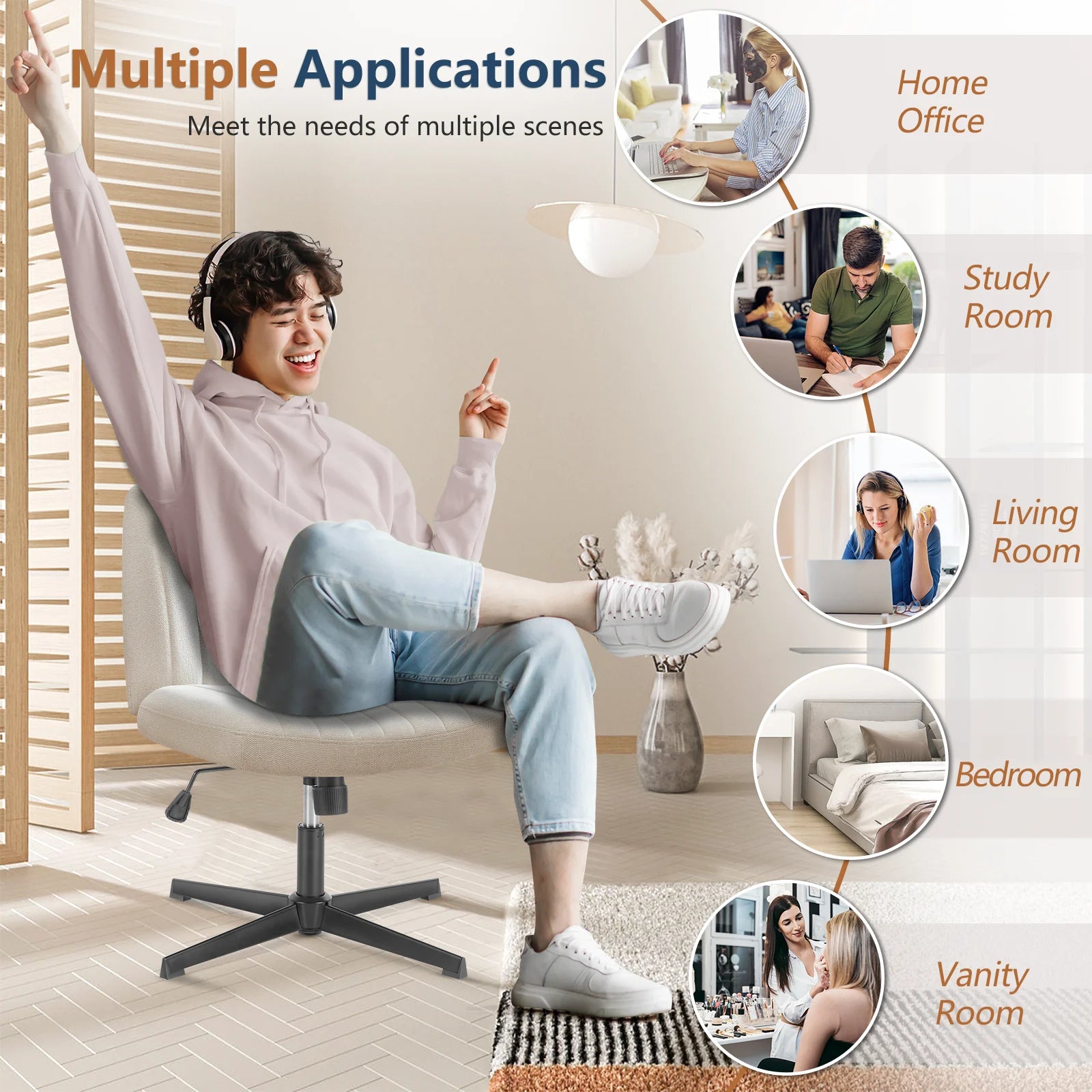 Cross-Legged Swivel Office Chair – Wide Armless Adjustable Fabric Task Chair