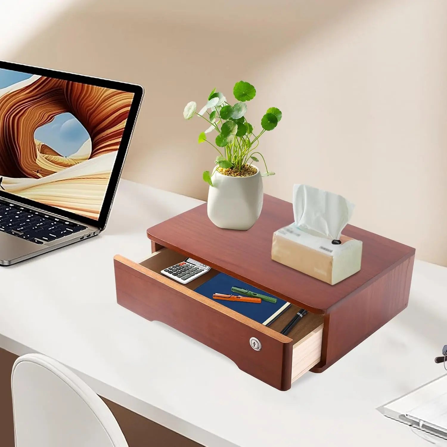 Wooden Desktop Storage Box with Lockable Drawers