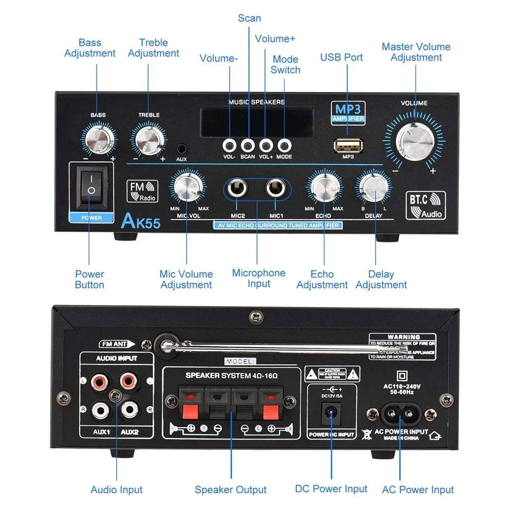 AK55 HiFi Digital Amplifier 2.0 Channel Bluetooth 5.0 Surround Sound AMP