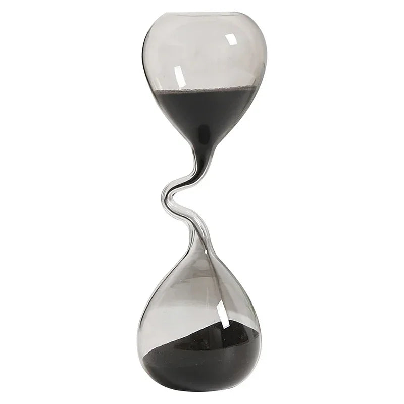 Hourglass curve design, black modern style, glass craftsmanship, simple indoor dining table decoration, beautiful sand clock