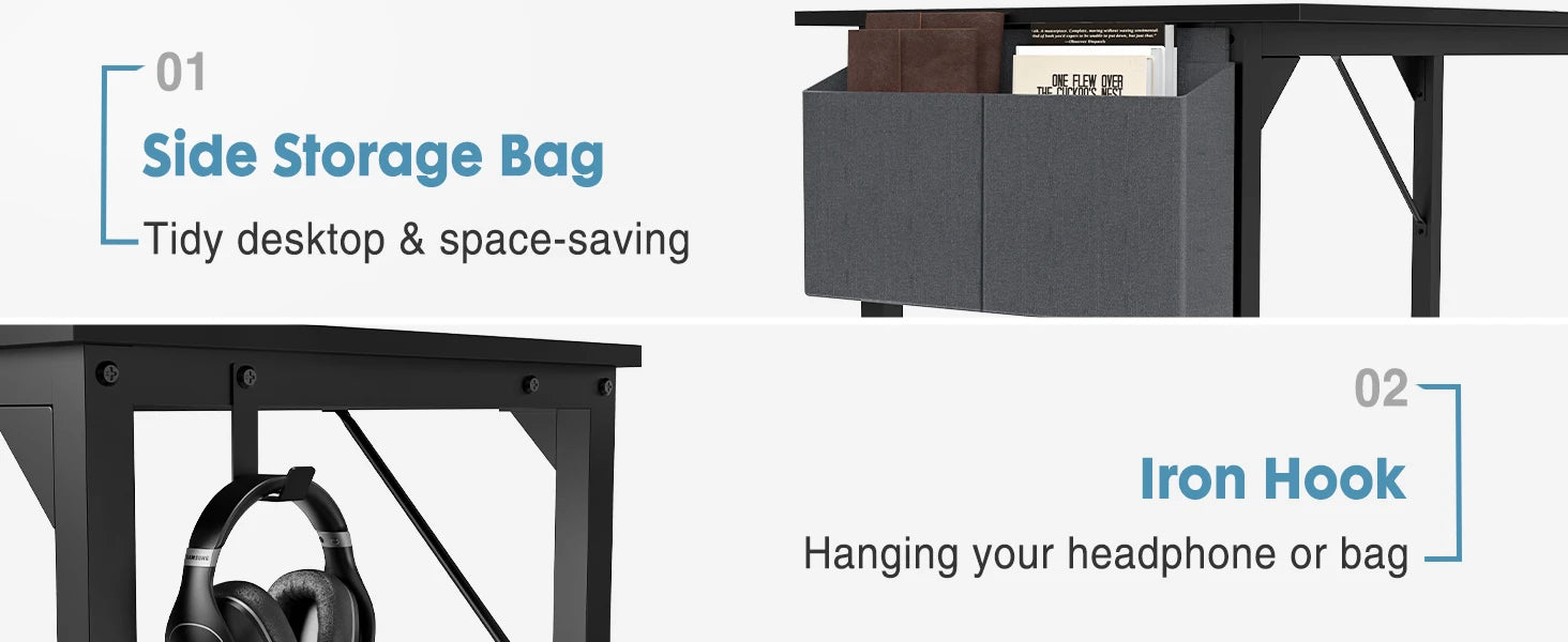 JHK Computer Desk with Side Bag & Headphone Hook