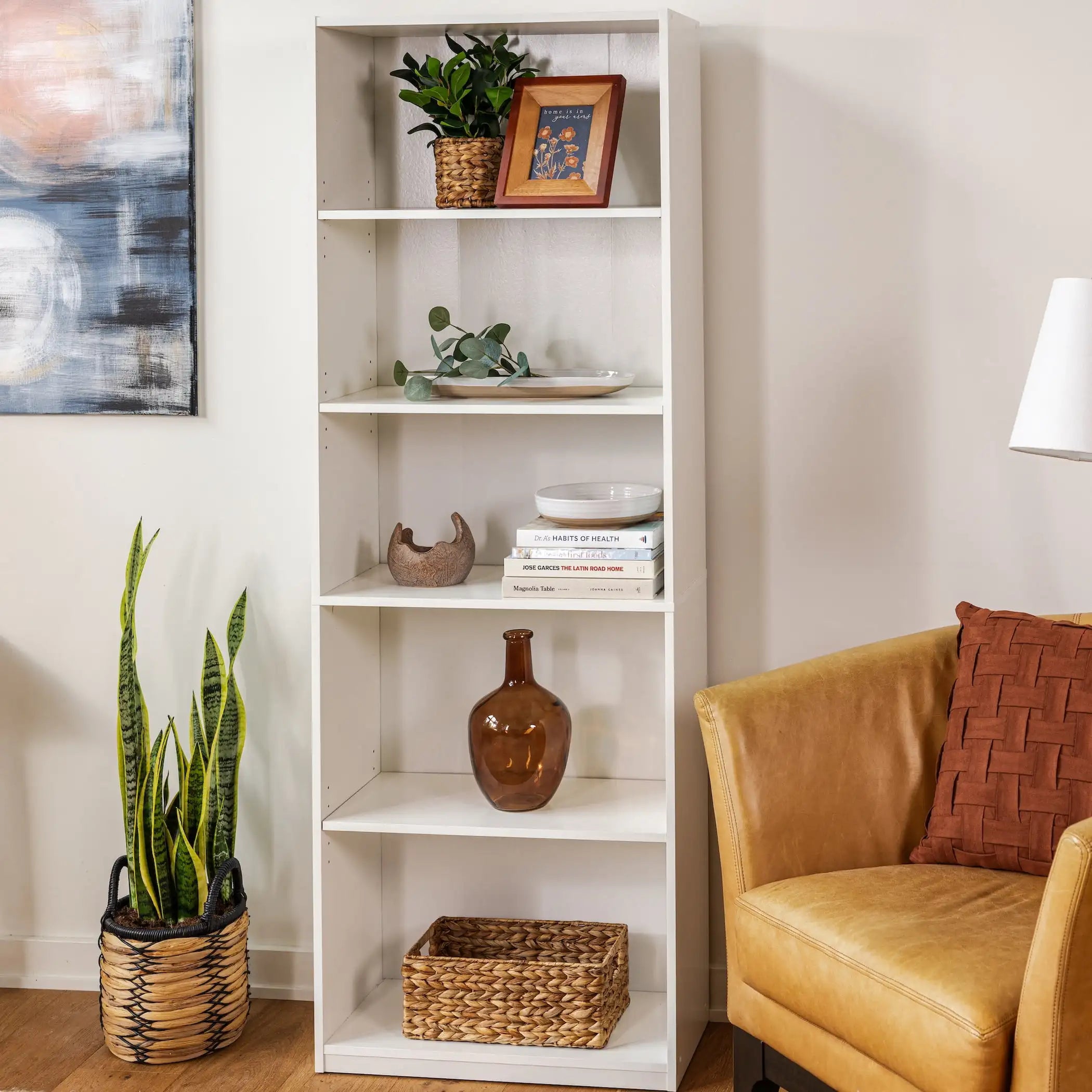 5-Shelf Adjustable White Bookcase