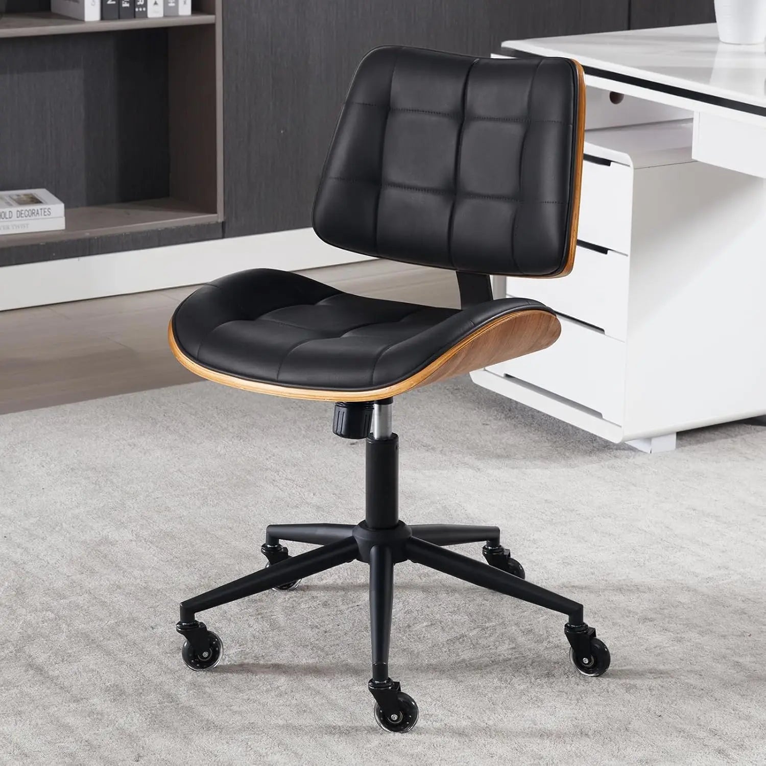 Armless PU Leather Office Chair with Wheels