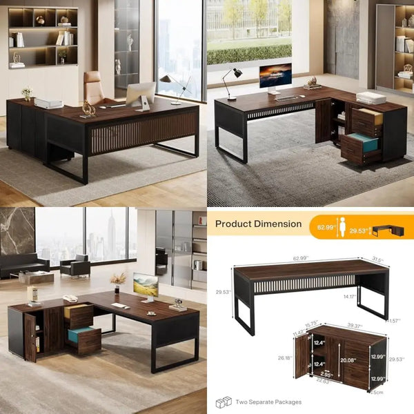L-Shaped Executive Office Desk with Storage