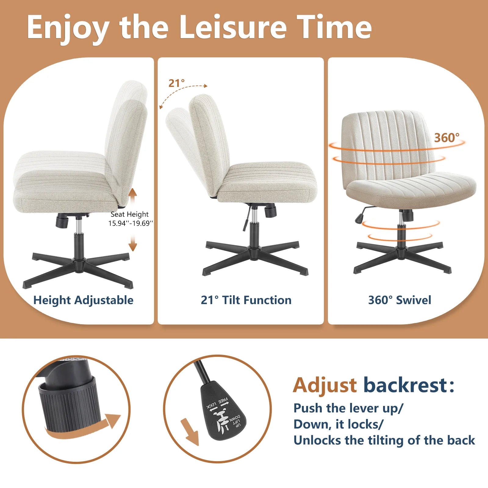 Cross-Legged Swivel Office Chair – Wide Armless Adjustable Fabric Task Chair