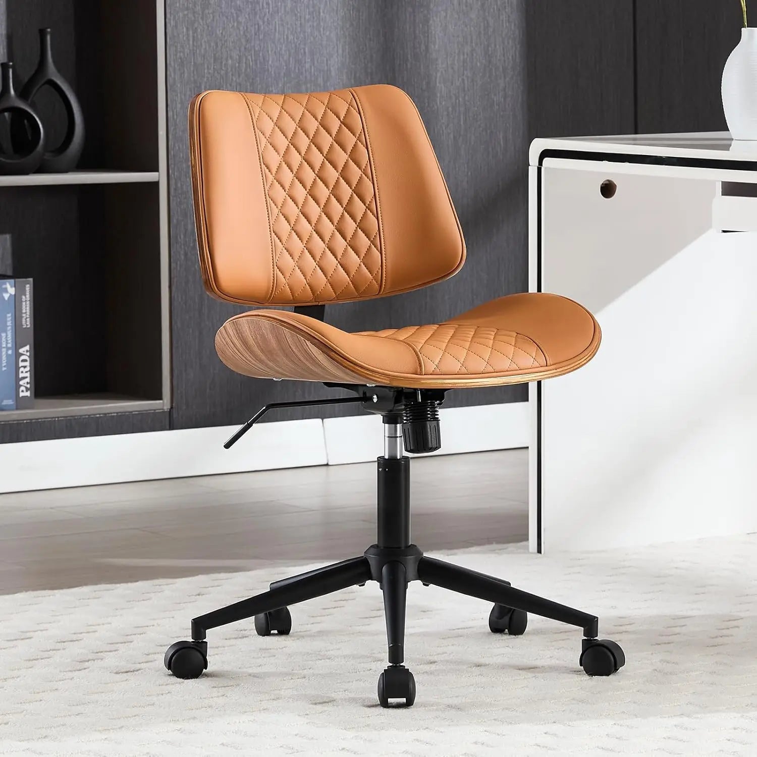 Armless PU Leather Office Chair with Wheels