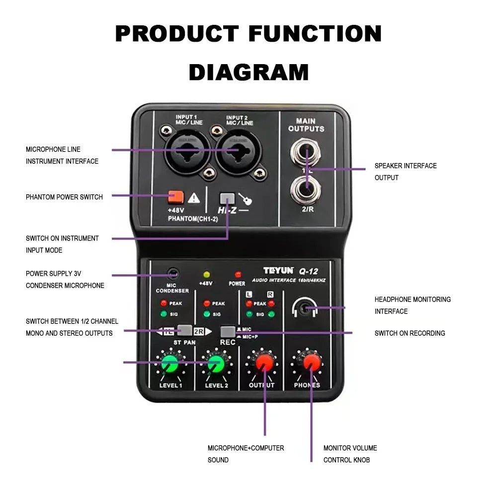 TEYUN Q12 Professional 2-Channel Portable USB Audio Interface Mixer